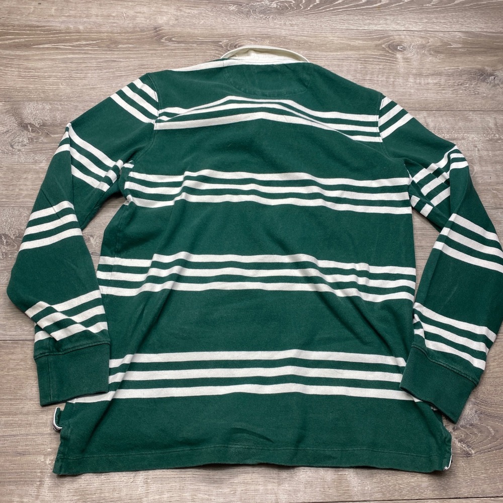 Lands End Rugby Shirt Mens Med Tall 100% Cotton Green White Stripe Long Sleeve - Picture 4 of 8